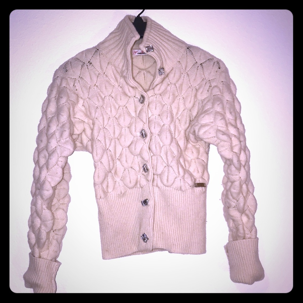Textured puffy sleeve cardigan sweater-unique